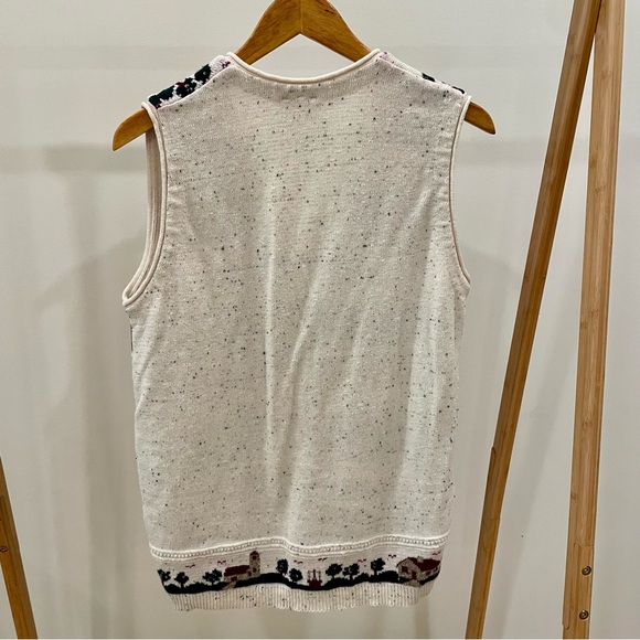 Vintage Speckled Floral Cottage House Tree Print Button Front Sweater Vest Cream - Picture 4 of 6